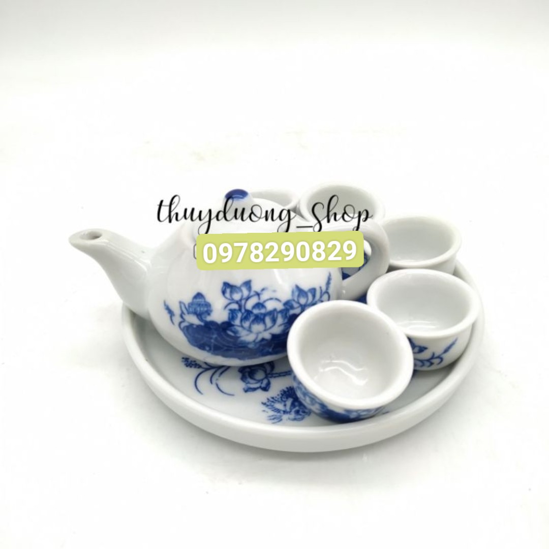 Bộ ấm trà thờ men lam bát tràng cỡ to