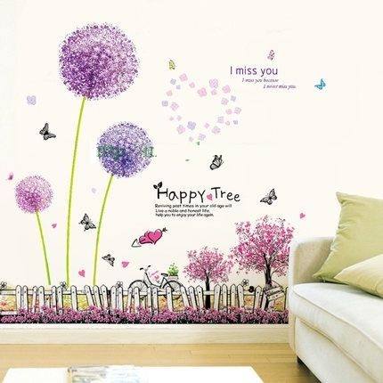 Decal dán tường đôi tú cầu tím và bé ôm gối