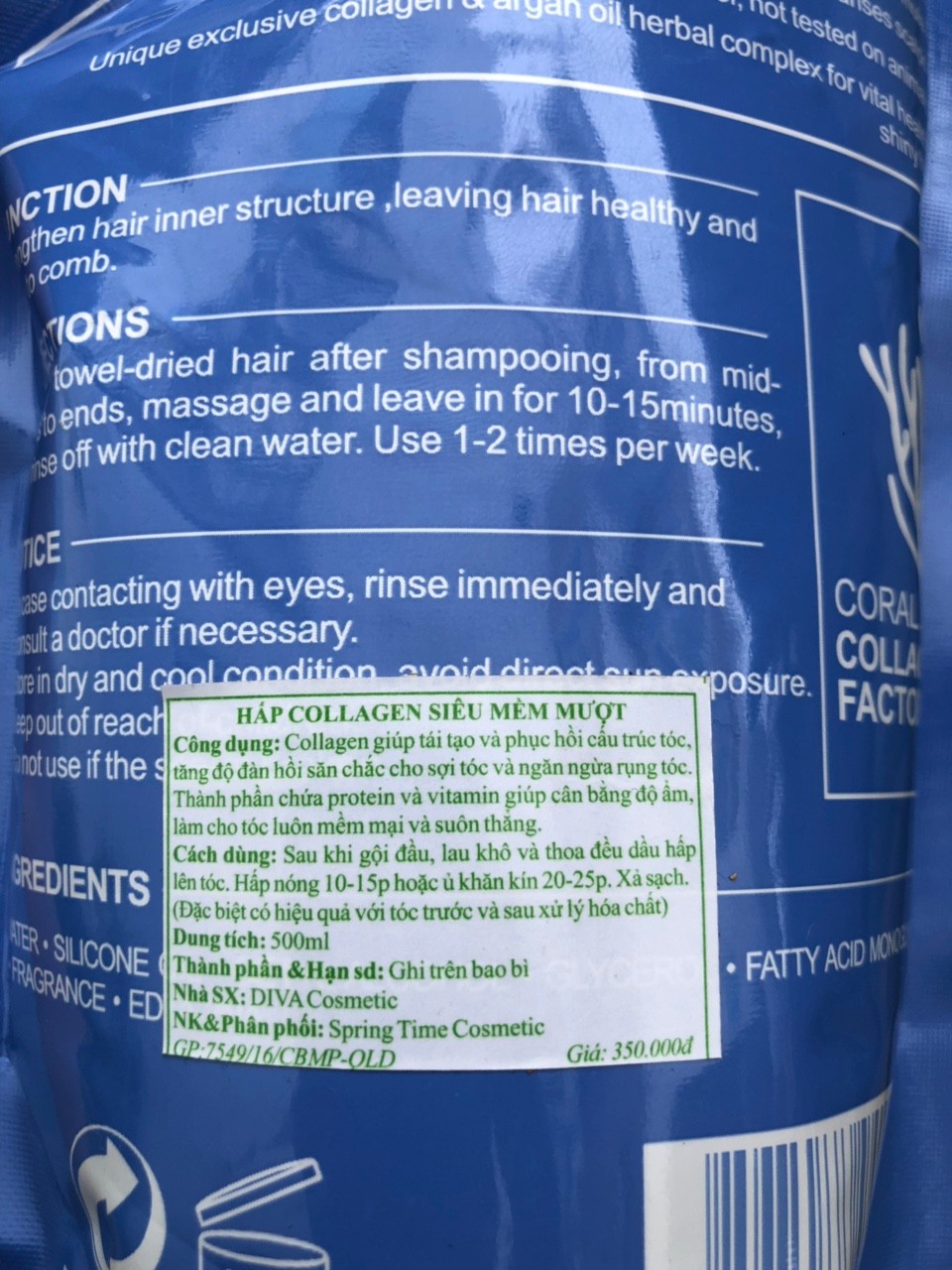 HẤP PHỤC HỒI DIVA COLLAGEN REPAIR 500ML(DẠNG TÚI) - HÀNG CÔNG TY