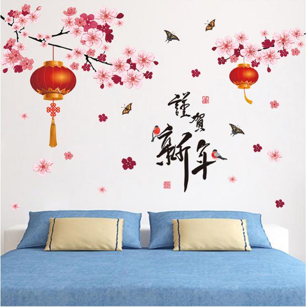 Decal trang trí tết - cành anh đào treo tết