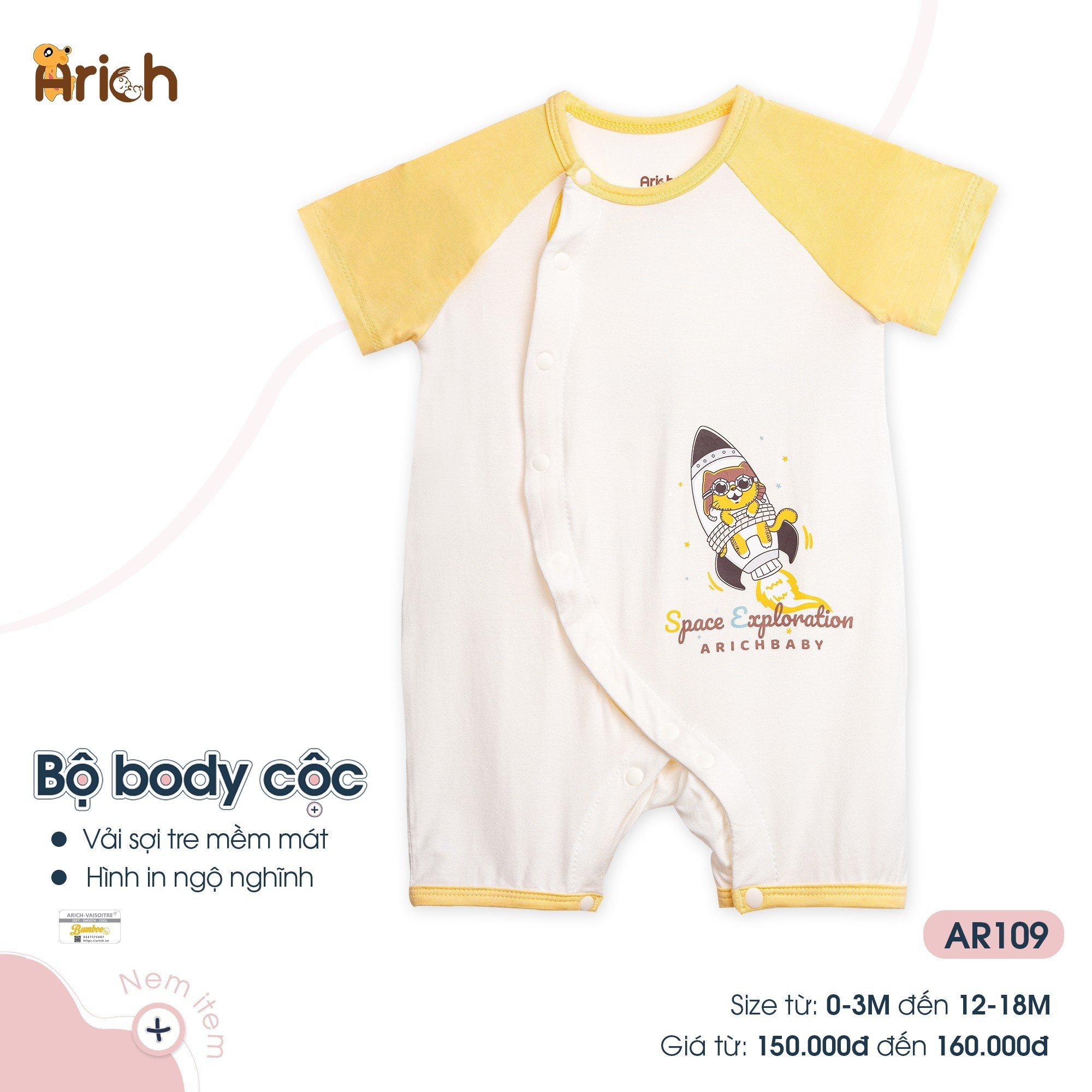 Body cộc cài lệch Arich phối hình in đáng yêu vải sợi tre mềm mát, bộ liền thân bé trai, bé gái