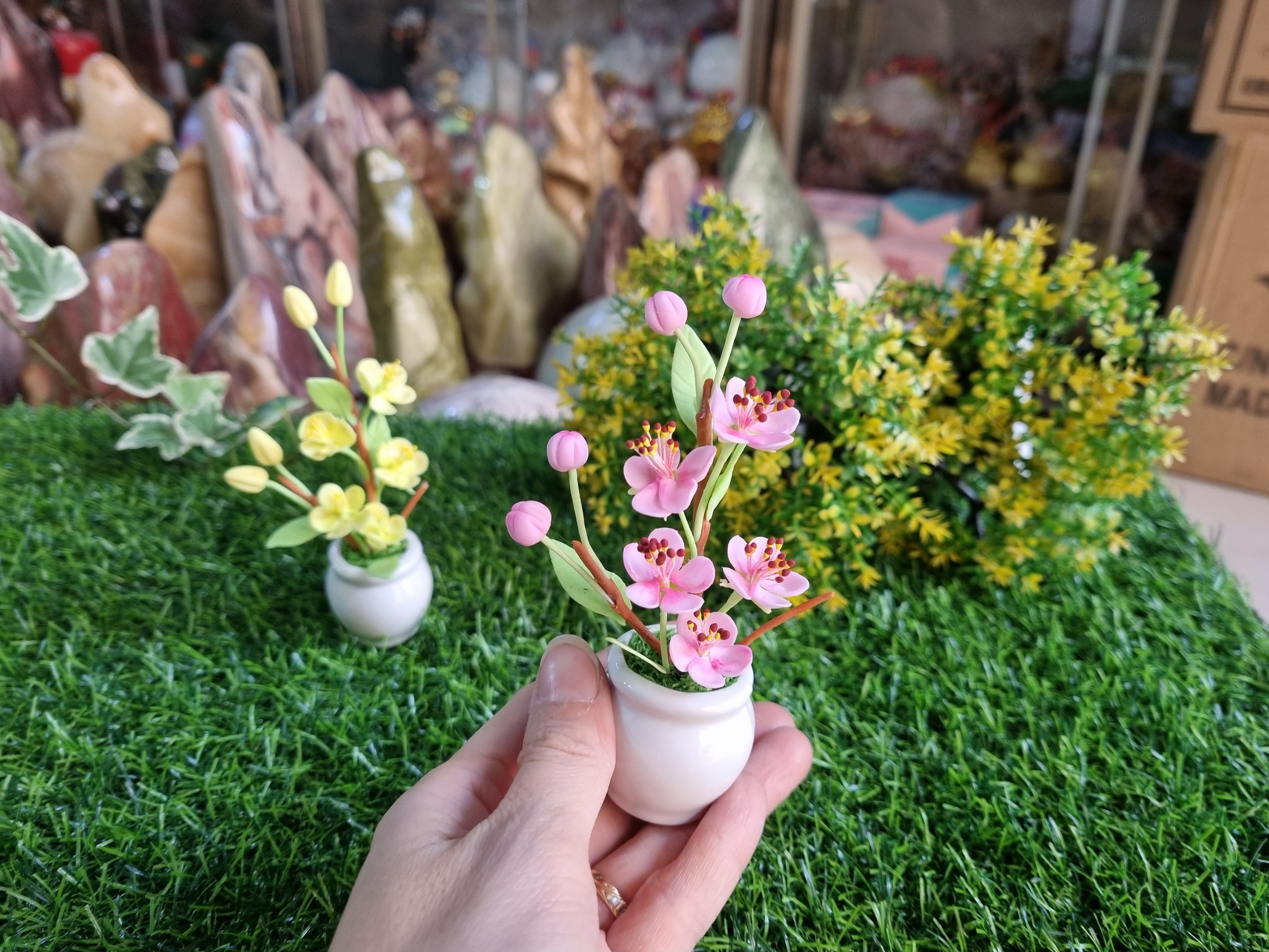 Chậu hoa mai  - hoa đào bằng đất sét Nhật cao cấp