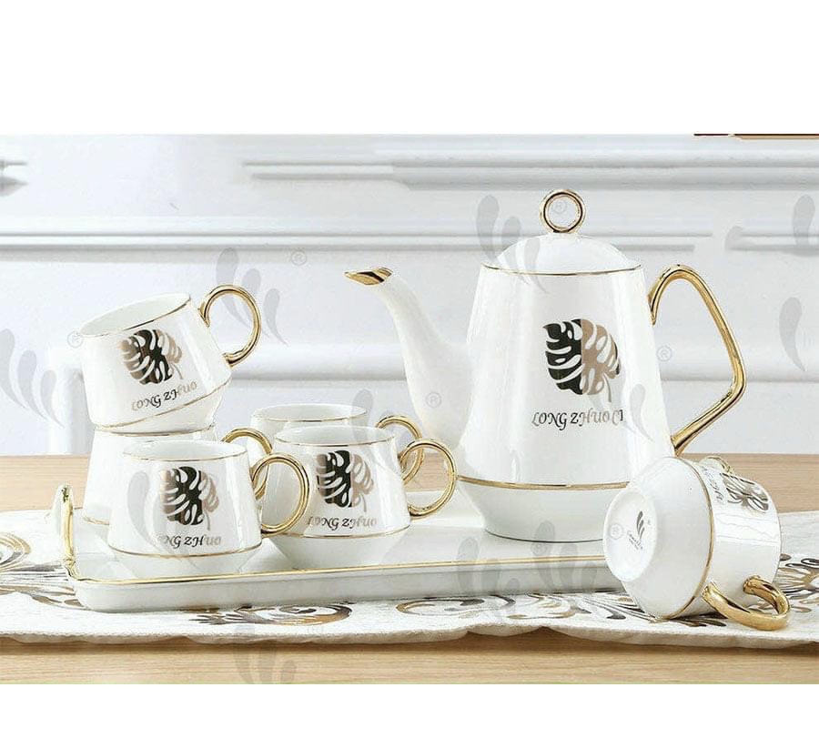 Bộ ấm chén kèm khay pha trà cà phê trắng họa tiết lá vàng
