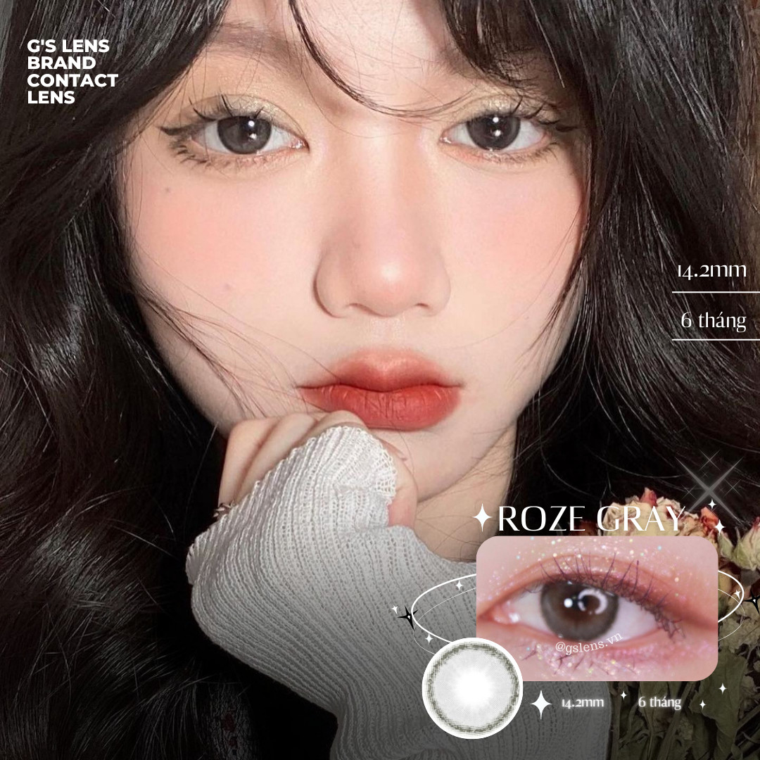Lens mắt kính áp tròng xám tự nhiên giãn nhẹ roze gray 14.2mm có từ 0 đến 6 độ cận g's lens