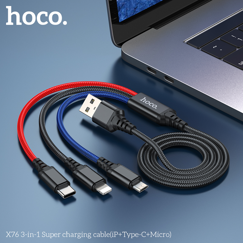 Cáp Sạc Hoco X76 3 Trong 1 2.0A Cổng IP + TypeC + Micro Dây Dài 1m