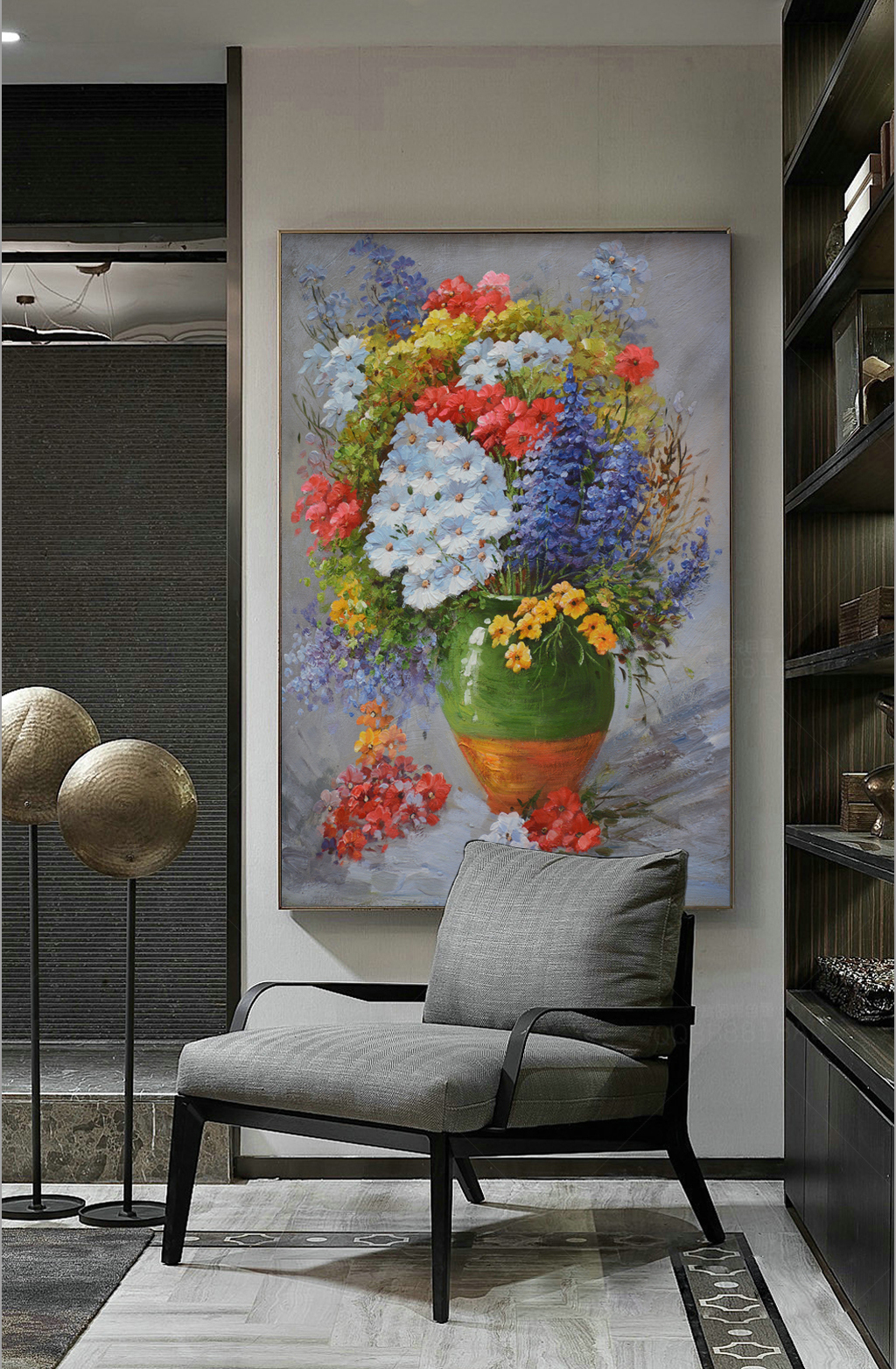 Tranh treo tường bình hoa nghệ thuật sơn dầu in trên canvas có khung, trang trí phòng khách, phòng ngủ (#10019766)