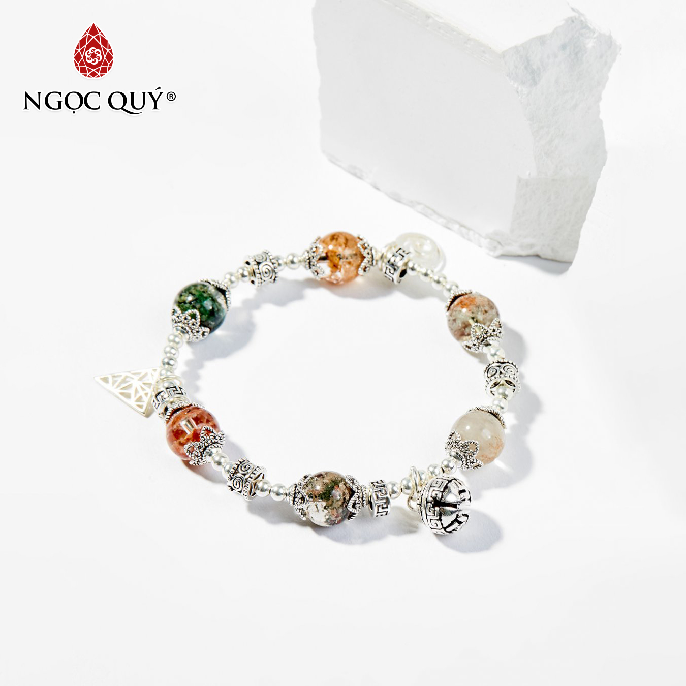 [HCM]Vòng tay phong thủy nữ đá thạch anh ưu linh đa sắc charm bạc 9mm - Ngọc Quý Gemstones