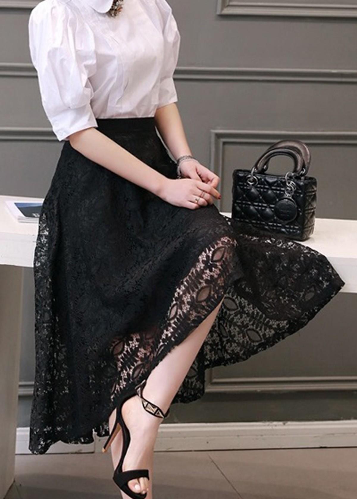Chân váy xoè ren hoa vạt chéo mix đồ đẹp