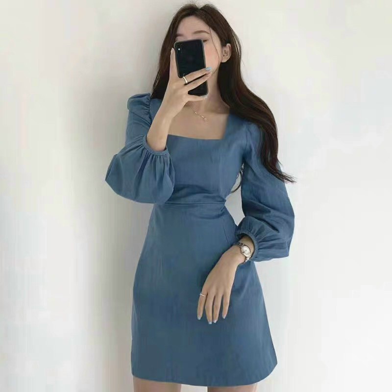 Đầm Xanh Cổ U Tay Dài N046