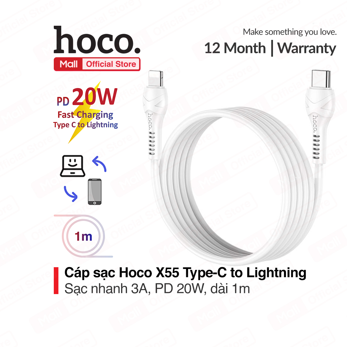 Cáp sạc iPhone 1212 pro max PD 20W HOCO X55 Type-C to Lightning dành cho iPhone/iPad sạc nhanh 3A dây dẻo đầu sạc chống đứt dài 100cm