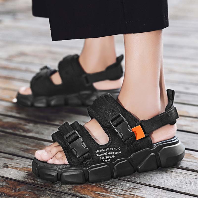Dép nam đi biển 2 quai Velcro, dép co giãn có thể điều chỉnh, dép đế dày phẳng, dép thời trang mùa hè