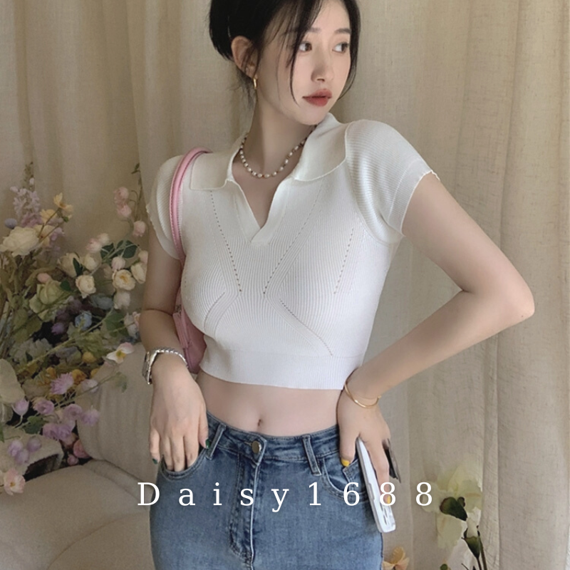 Áo Len Cộc Tay Cổ Chữ V Co Dãn Cho Nữ