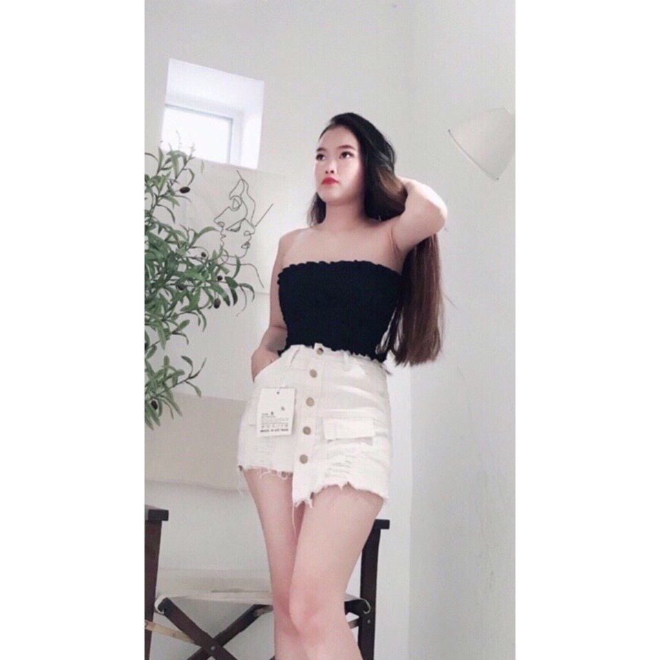 Chân váy kaki co giãn đáp tà phối hàng nút trước cá tính ttsla0009