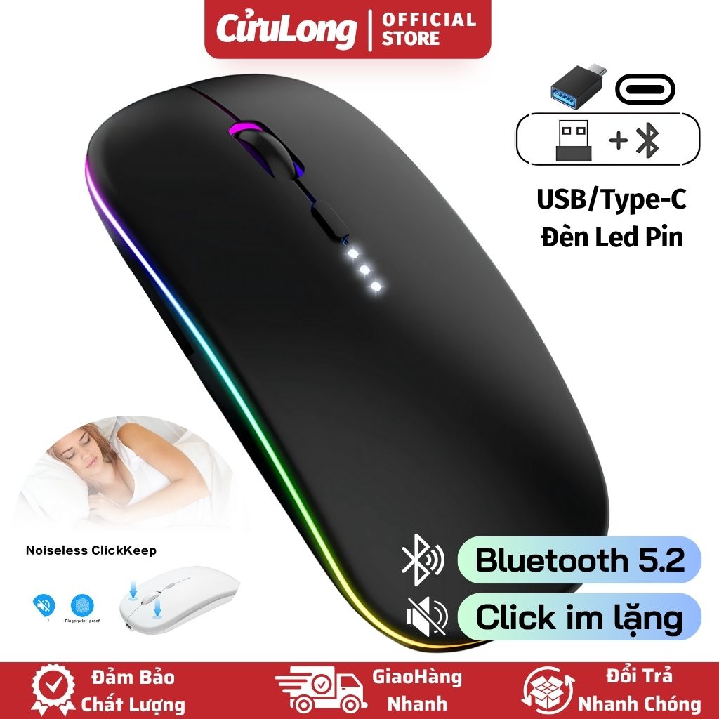 Chuột Không Dây Bluetooth 2.4G Sạc Pin Click Êm Mute Im Lặng Led Đổi Màu sạc pin kết nối điện thoại iOS Android máy tính laptop