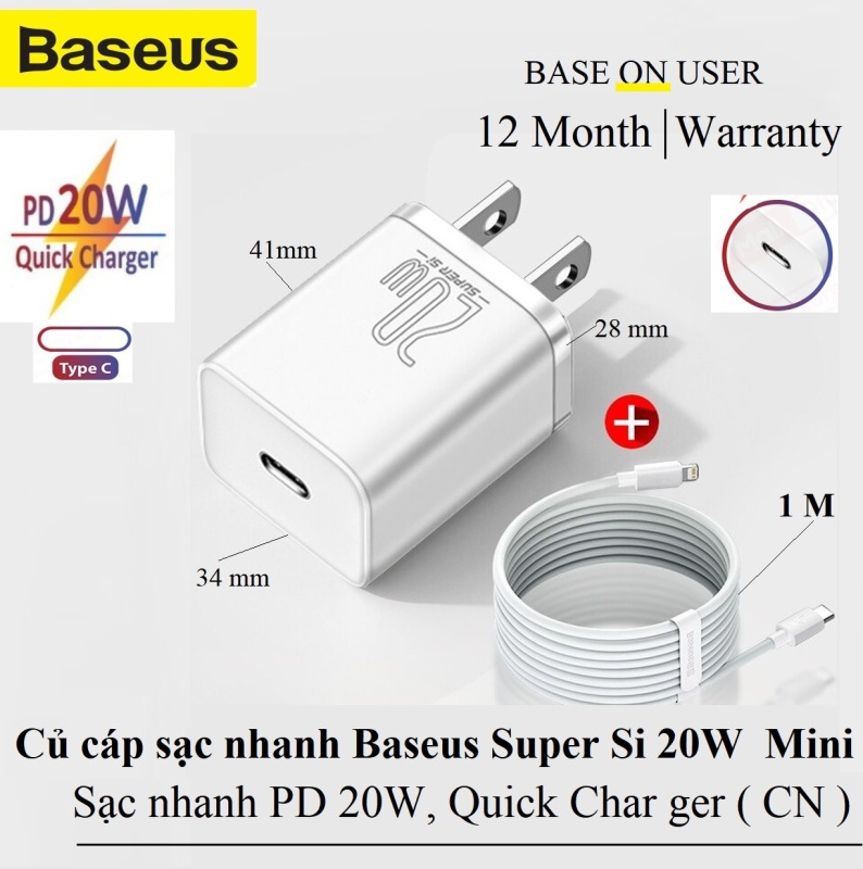 Bộ sạc nhanh lphone 18W - 20W chuẩn PD  Baseus - Chính Hãng Dùng cho tất cả iPhone