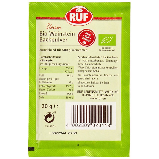 Bột Nở Hữu Cơ Ruf Vegan Baking Powder gói 20g