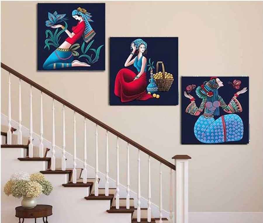 Lalashop - Bộ 3 Tấm tranh treo tường nghệ thuật dân tộc Tranh 3 Cô Gái Bắc Âu Trừu Tượng (HG-TG441) trang trí decoor tường phòng khách trang trí decor phòng ngủ cửa hàng cao cấp