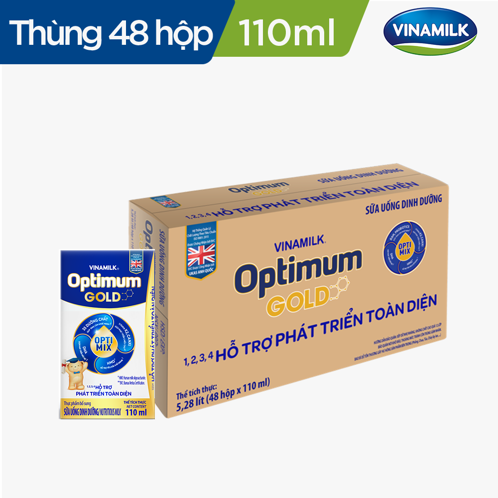 (Tặng 3 bộ thẻ học song ngữ) Thùng 48 hộp Sữa nước Vinamilk Optimum Gold 110ml - sữa bột pha sẵn hỗ trợ Tăng cân, chiều cao, tiêu hóa, phát triển não bộ