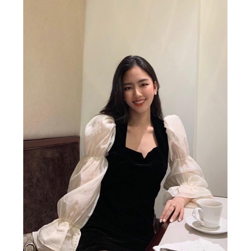 Đầm đen phối tay trắng