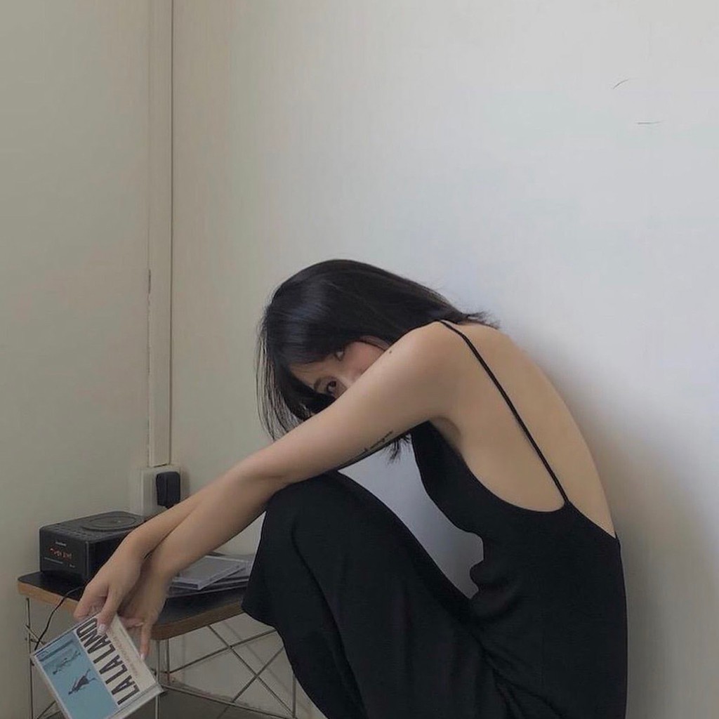 [Ảnh thật] Đầm phi đen 2 dây body cổ thuyền hở lưng