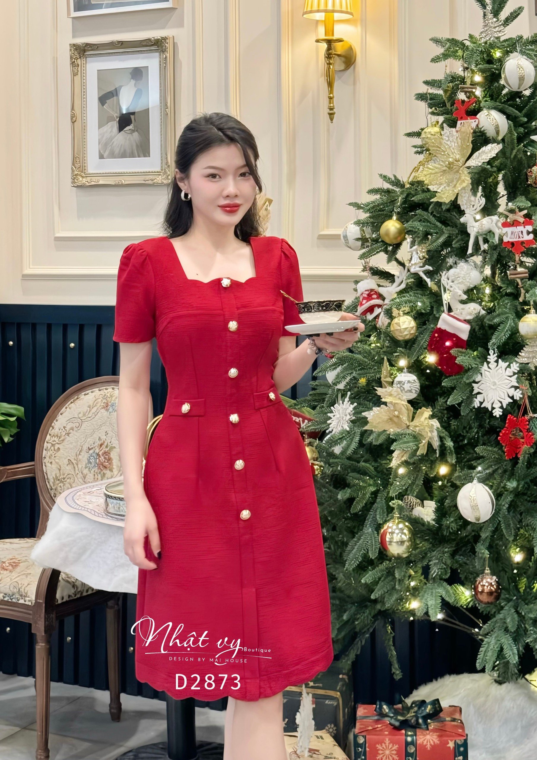 Đầm dự tiệc Nhật Vy cổ vuông cách điệu form dáng ôm đính cúc chất linen gân phù hợp đi chơi dạo phố sang chảnh - D2873