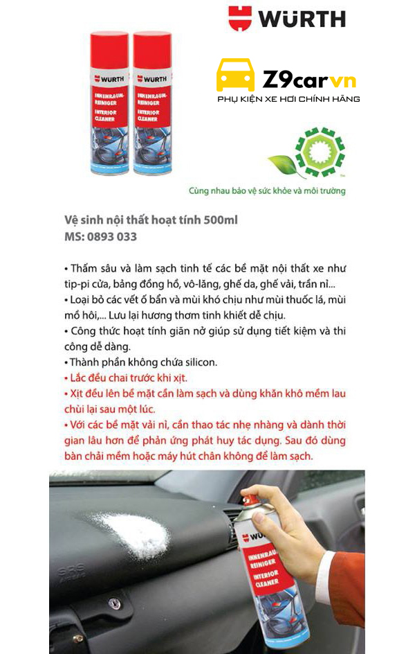 Vệ sinh nội thất Wurth Interior Cleaner dạng bọt BẢN MỚI 2022