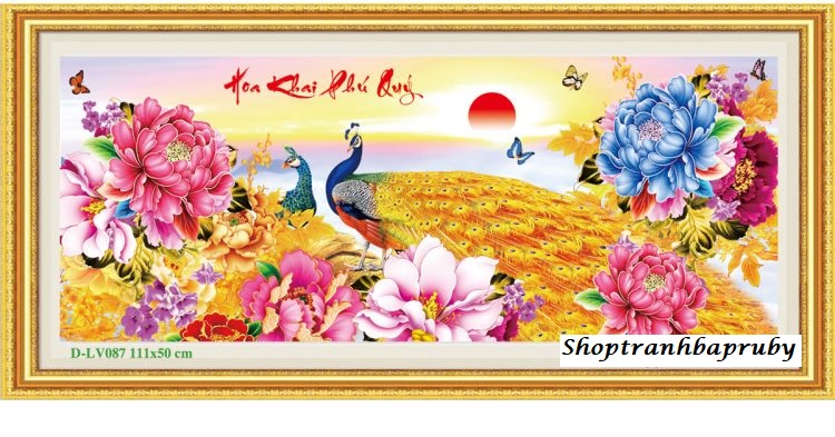 Tranh đính đá hoa khai phú quý đôi công vàng lv087 kích thước 111 x 50 cm