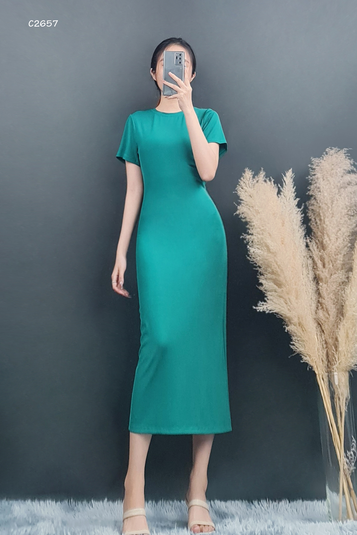 C2657 - 	đầm thun gân mng cổ tròn, tay ngắn