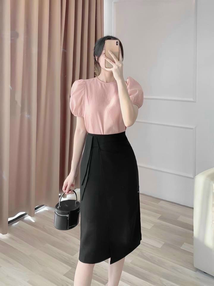 Chân Váy Midi Bút Chì Cạp Cao Vạt Bên 2 Màu