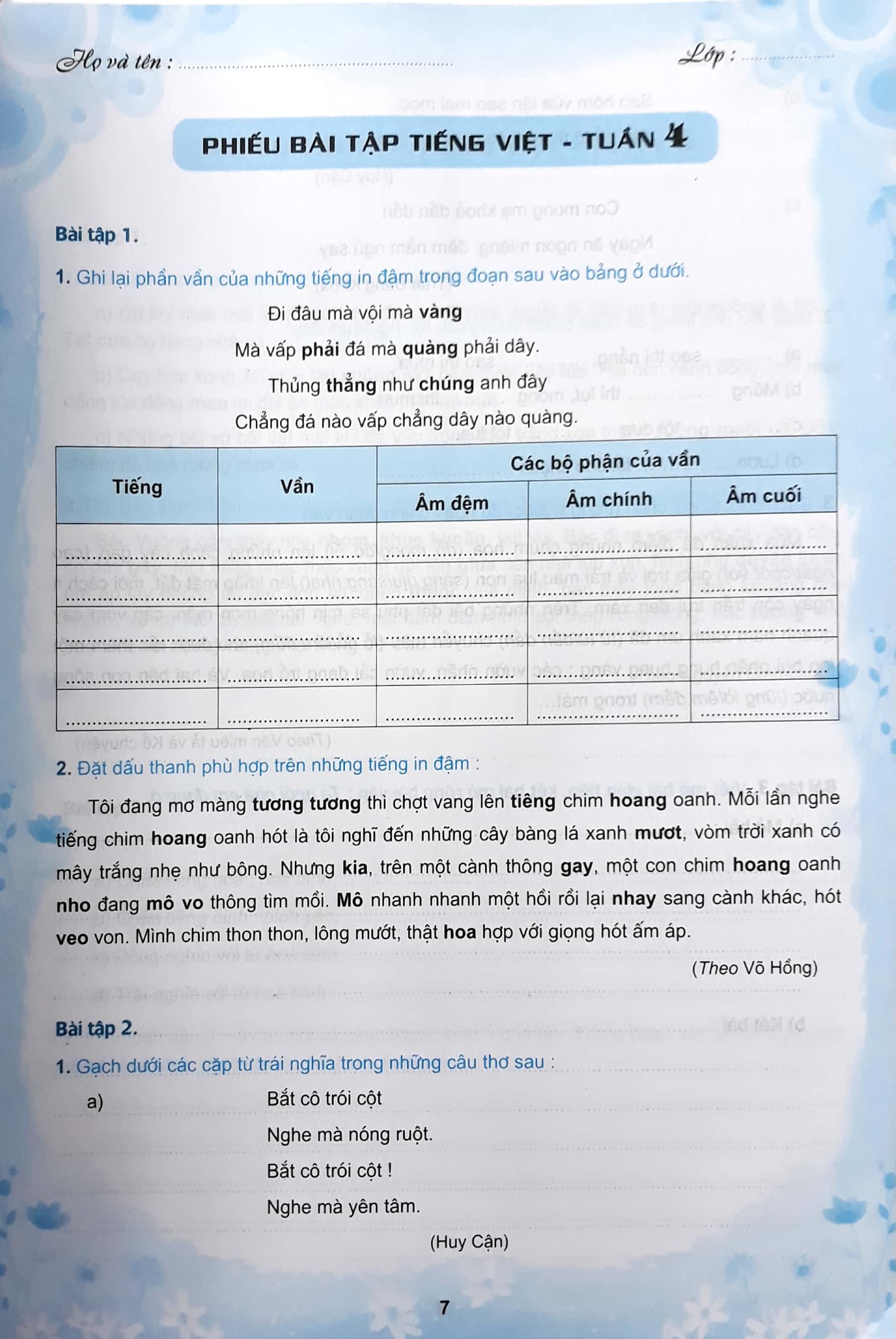 Phiếu bài tập cuối tuần môn Tiếng Việt lớp 2