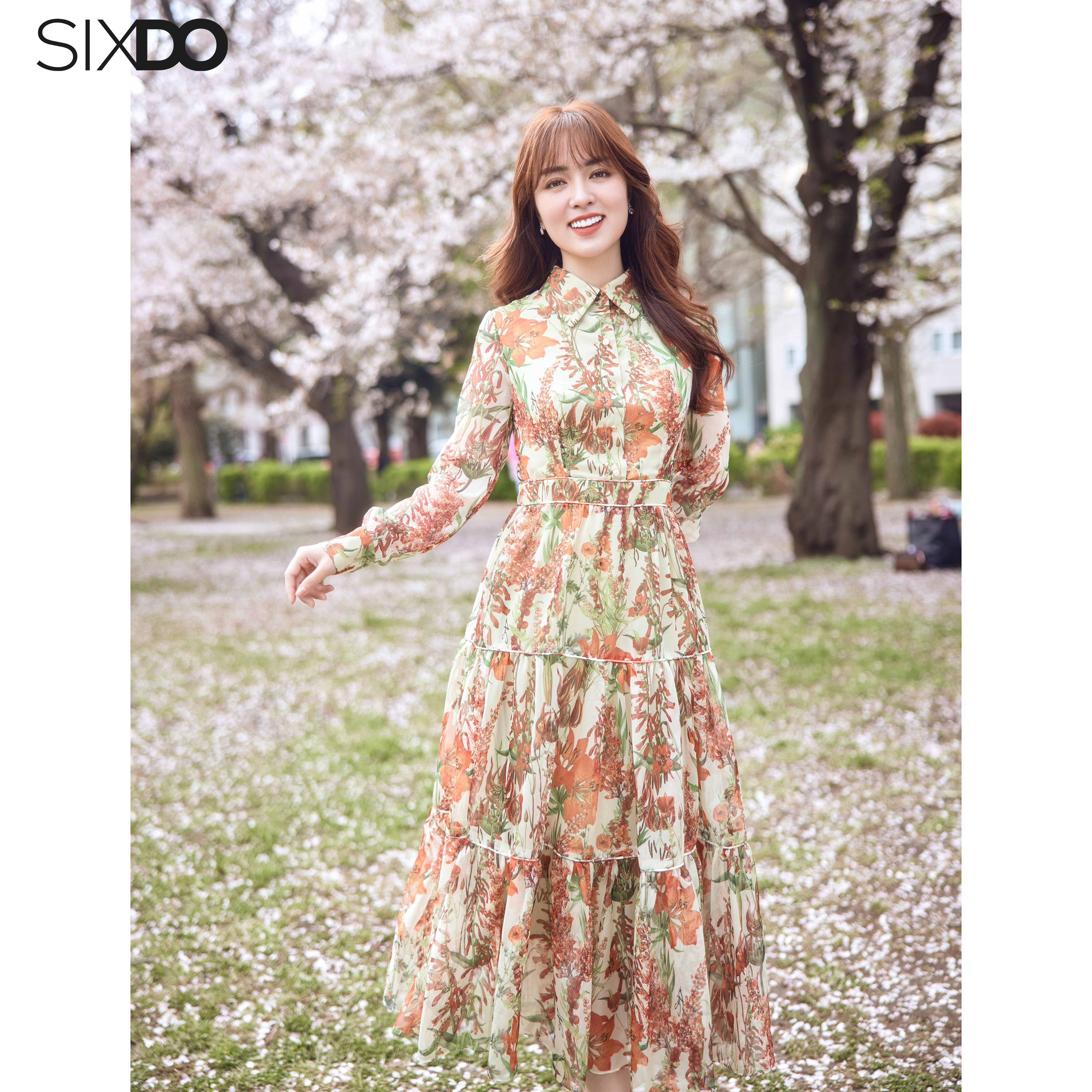 Đầm sơ mi voan hoa dài tay SIXDO (Green Nuggets Floral Midi Voile Dress)