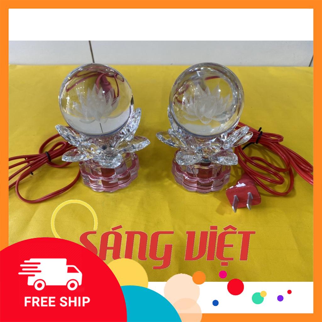 1 Cặp Đèn thờ quả cầu pha lê điện led hoa sen đổi màu cúng siêu đẹp - Cao 10cm đèn pha lê tròn 539