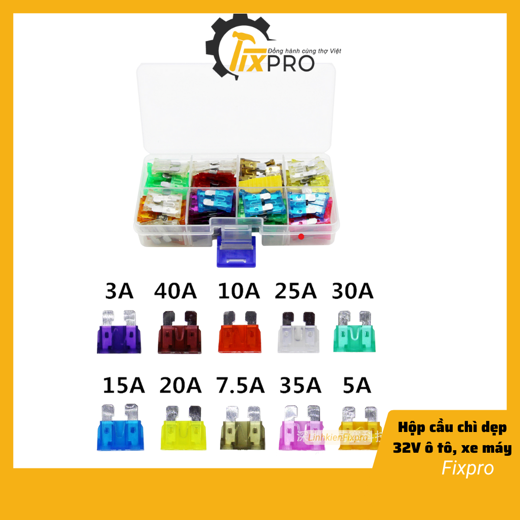 Hộp cầu chì dẹp 32V chân to cho ô tô, xe máy gồm 10 loại, mỗi loại 10 chiếc - Fixpro