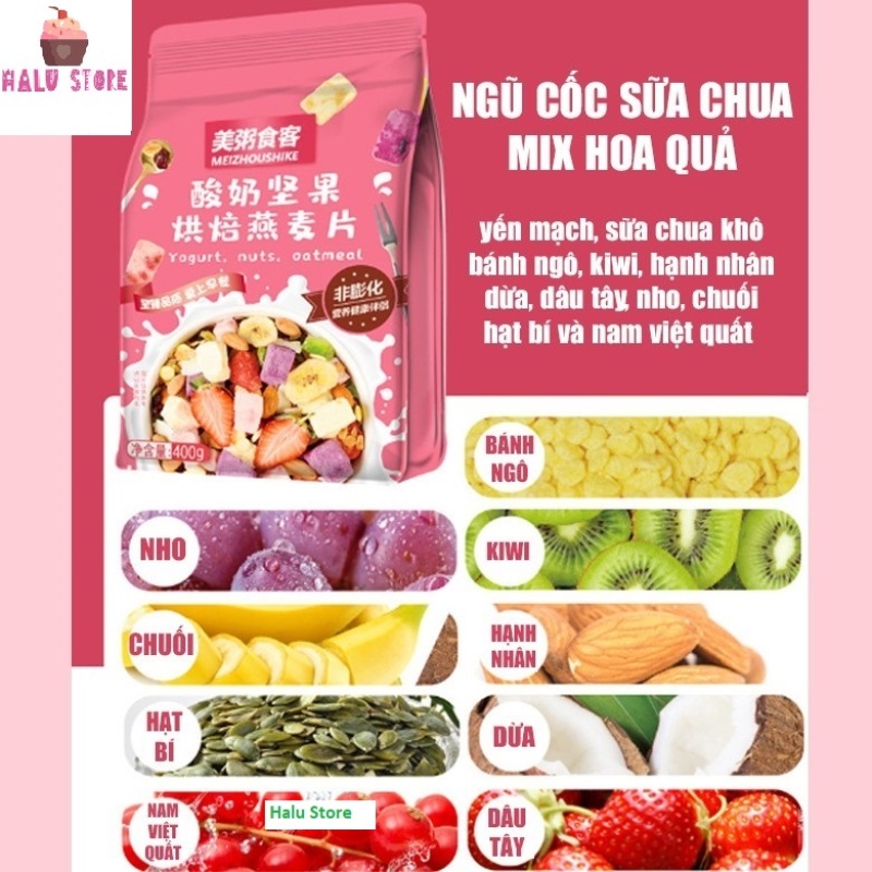 [ĂN KIÊNG] Ngũ cốc sữa chua ăn kiêng mix hạt, hoa quả YOGURT FRUIT OATMEAL gói màu Hồng 400g - Đài Loan (loại có thêm cục sữa chua)