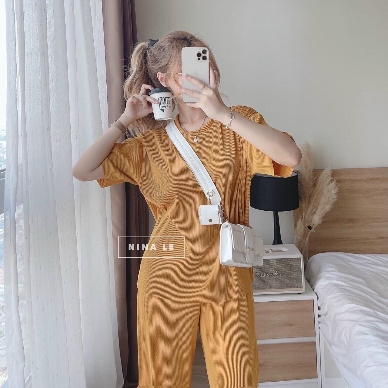 Set thun gân basic Hàn Quốc, áo thun tay ngắn trơn, quần ống rộng thun gân, quần ống suông dài sang chảnh