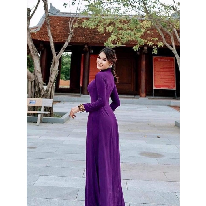 Áo dài trơn truyền thống màu Tím huế 4 tà kèm quần 2 lớp, Lụa chiffon dày dặn, co giãn 4 chiều giá rẻ tận xưởng Áo dài Ngọc Trang