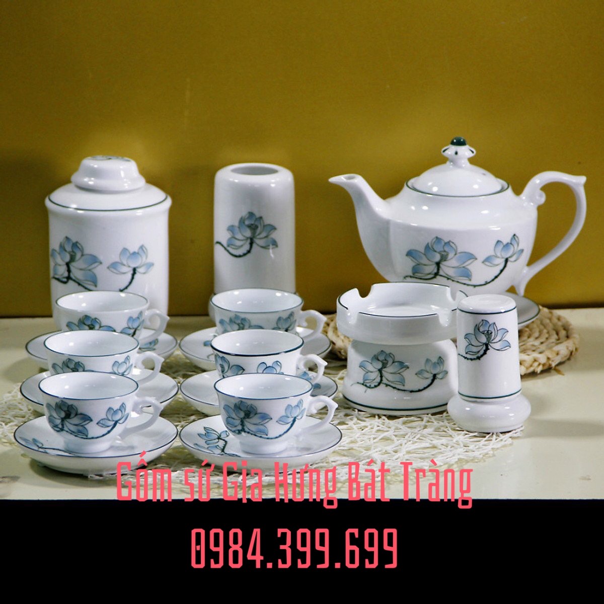 THƯỞNG TRÀ ĐẦY ĐỦ VỚI Bộ Ấm Chén Hoàng Tộc Vẽ Sen Xanh , Bộ Ấm Pha Trà Đẹp, Bộ Chén Trà, Ấm Chén