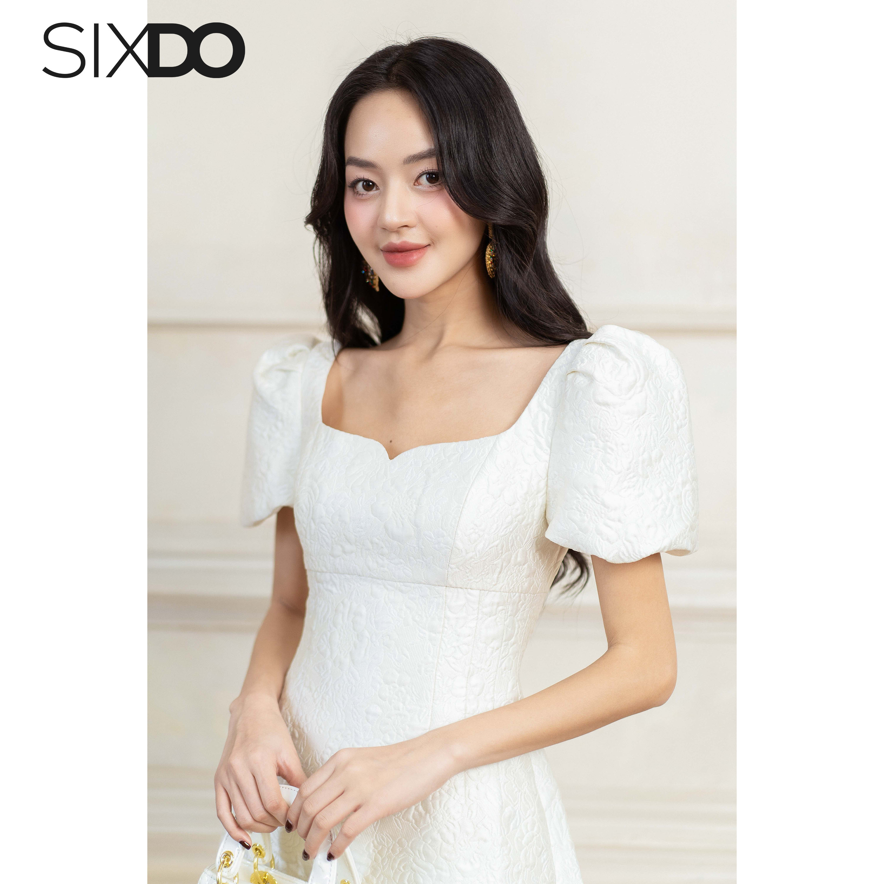 Đầm gấm cổ vuông ngắn tay SIXDO (White Puff-sleeves Mini Brocade Dress)