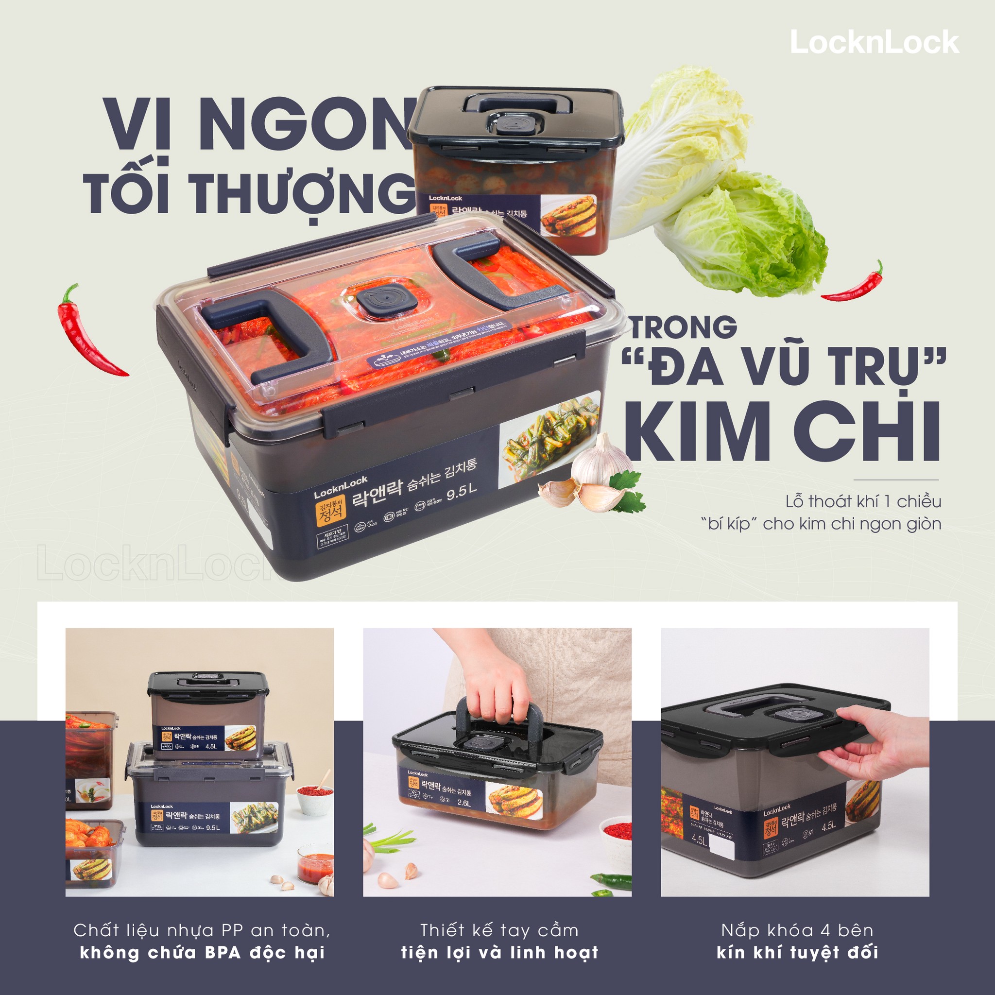 Hộp Nhựa Muối Dưa Cà, Muối Kim Chi Có Quai Xách LocknLock Breathing Kimchi Nhiều Dung Tích