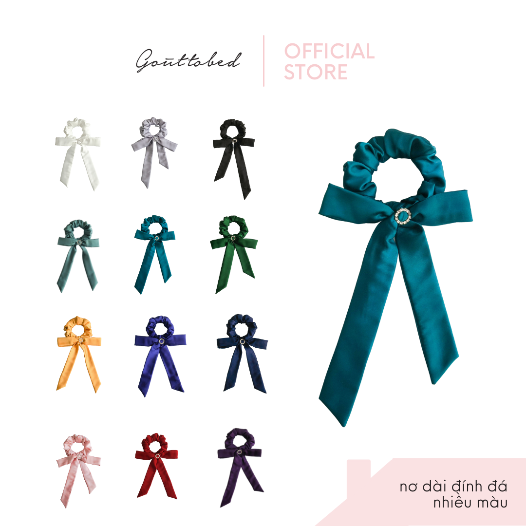 Scrunchies cột tóc nơ đính ngọc trai/đính đá Goûttobed Lụa Satin Silk (nhiều màu)