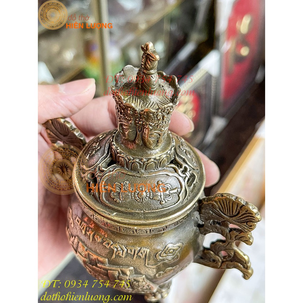 Lư Xông Trầm Phật Tứ Diện Bằng Đồng Cao 15cm MÀu Hun Giả Cổ
