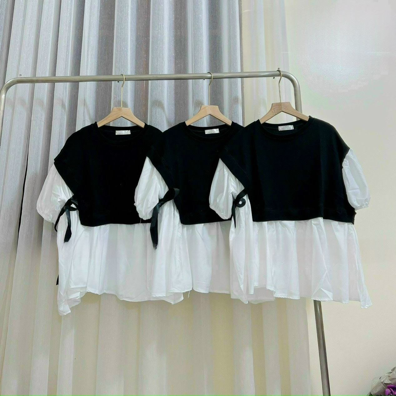 Áo bầu trắng đen công sở thắt nơ eo A091