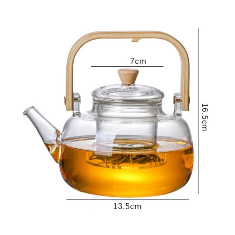 Bộ ấm trà 6 chén thủy tinh chịu nhiệt 1000ml bình pha trà lõi lọc thủy tinh, quai gỗ tre độc đáo