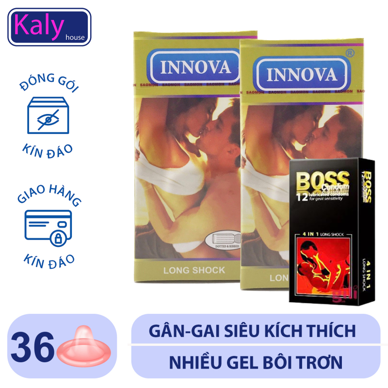 Bộ 2 hộp Bao Cao Su Kéo Dài Thời Gian Quan Hệ có Gân và Gai Innova Vàng (Hộp 12 bao x 2 hộp).+ Tặng 1 hộp Bao Cao Su Cho Boss 4 in1 Gân Gai Kéo Dài Thời Gian Hộp 12 Cái