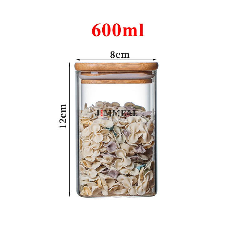 Hũ thủy tinh vuông có nắp tre đựng thực phẩm cáo cấp