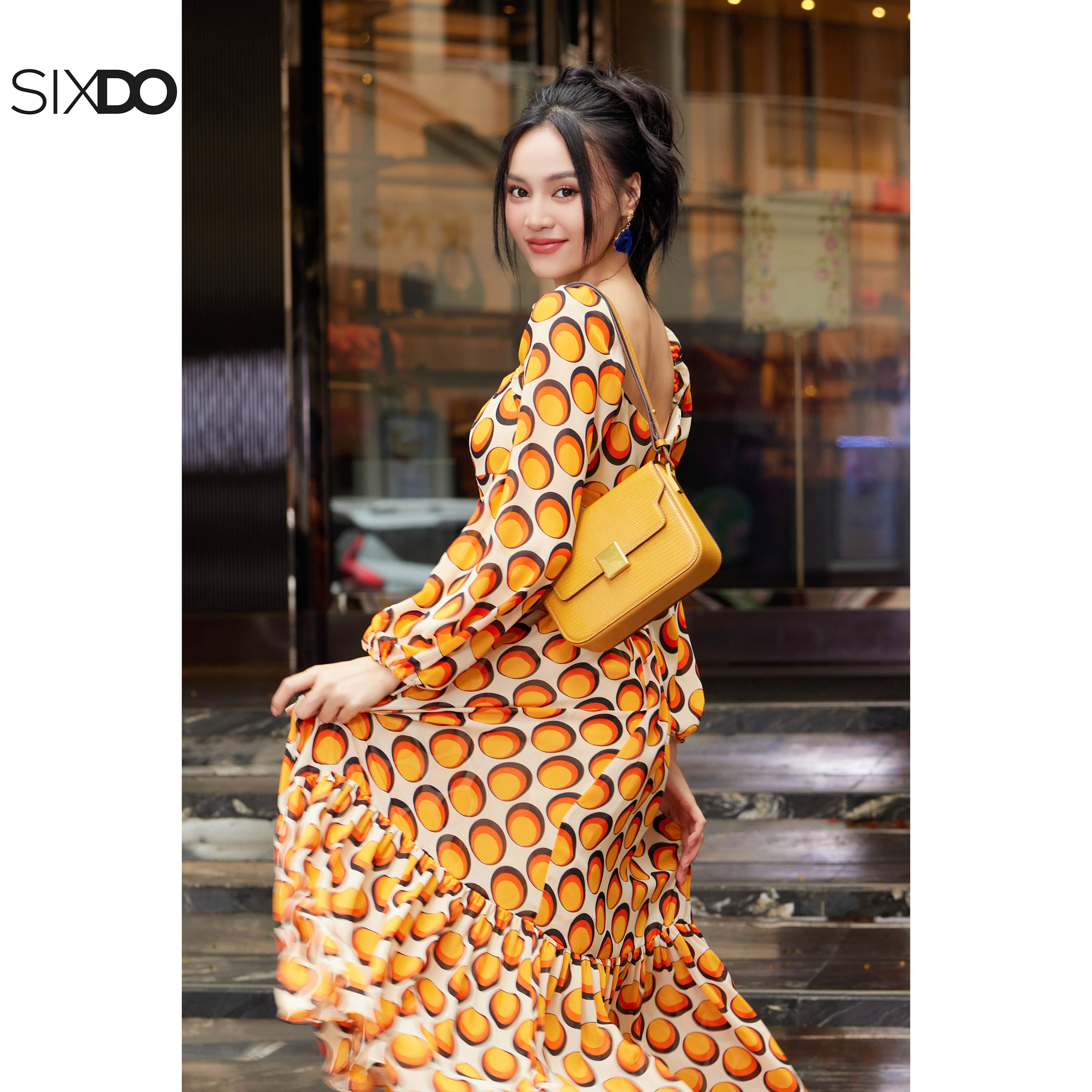 Đầm chiffon chấm bi cổ vuông SIXDO (Cream Polka Dot Midi Chiffon Dress)