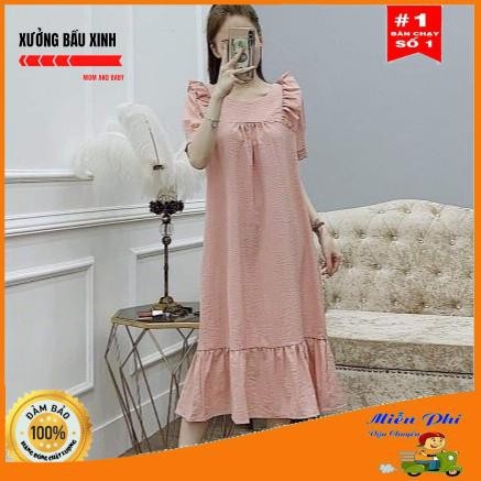 [A]đầm bầu dễ thương thiết kế dáng dài cổ chun- váy bầu suông thời trang free size 43-70kg