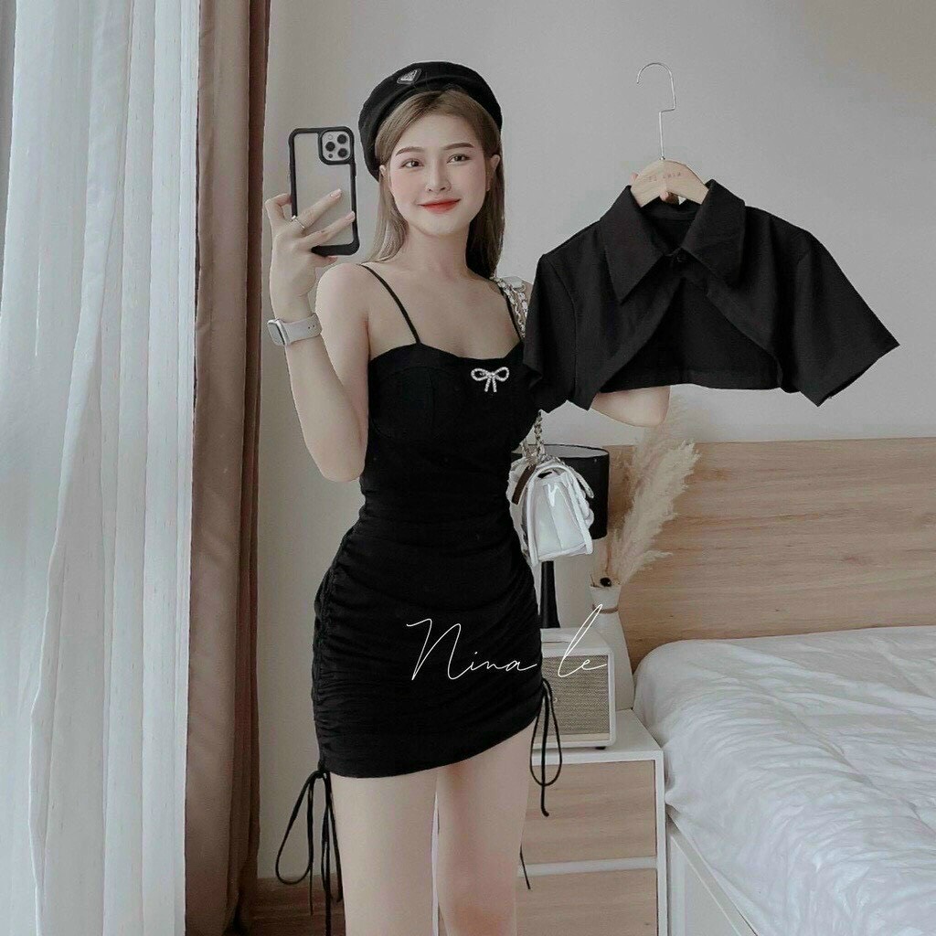 Set Đầm Body Thun Gân 2 Dây Phối Áo Croptop