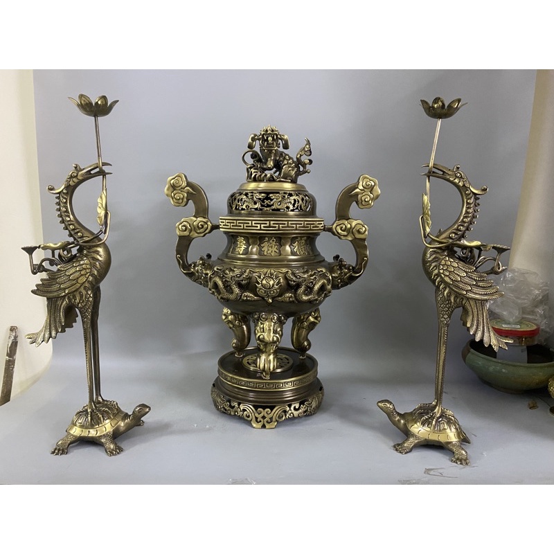Bộ đỉnh thờ lư thờ rồng ngũ sự song long hàng đúc thủ công 50cm. Bộ đồ thờ đỉnh đồng thờ cúng cao 50cm.