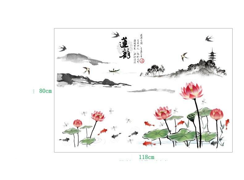 decal dán tường combo 2 bức cây tùng và sen